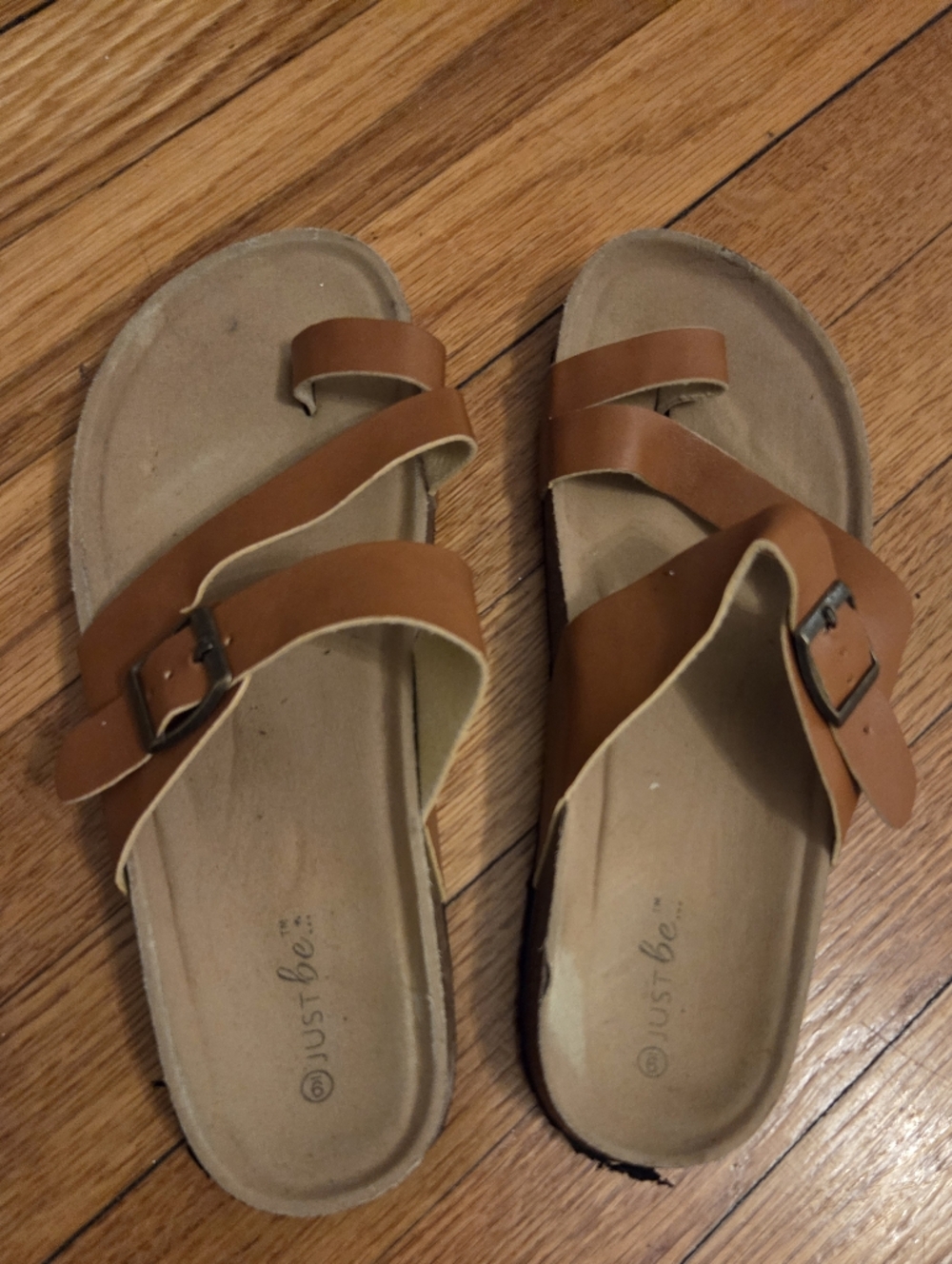 just be Tan Double-Strap Buckle Slide Sandals